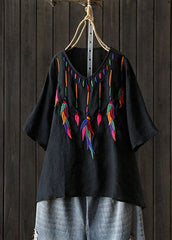 Classy Red Embroideried low high design V Neck Linen Shirt Top Short Sleeve GK-STP220228