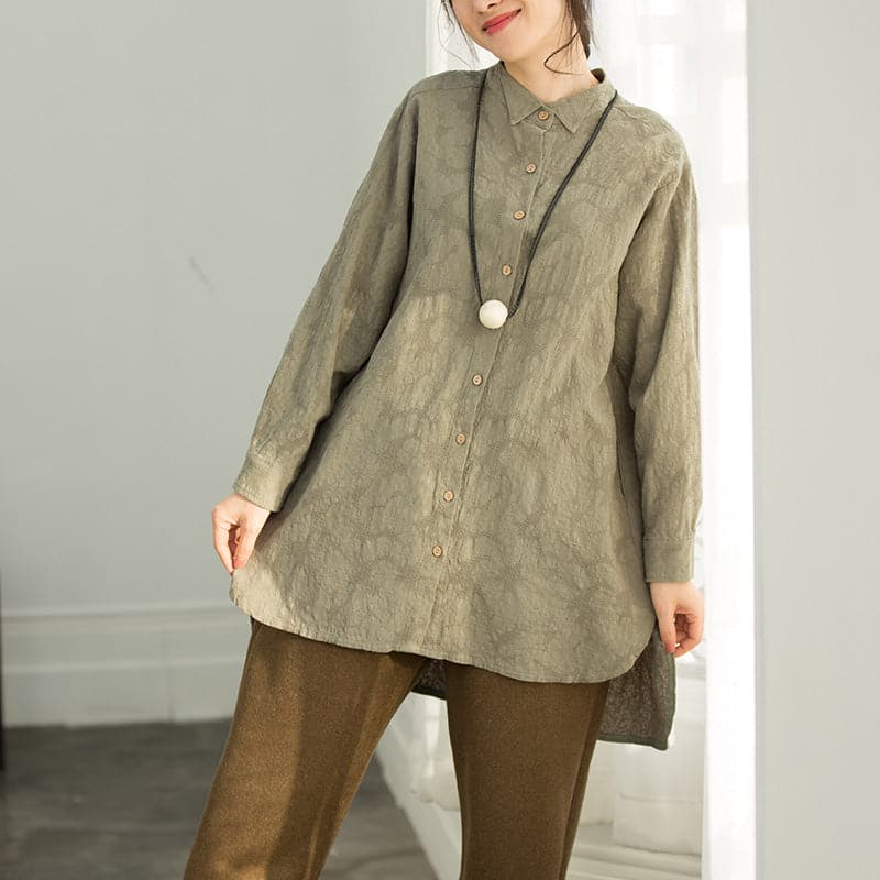 Classy army green cotton clothes Casual Work Outfits Jacquard silhouette blouse LTP190129