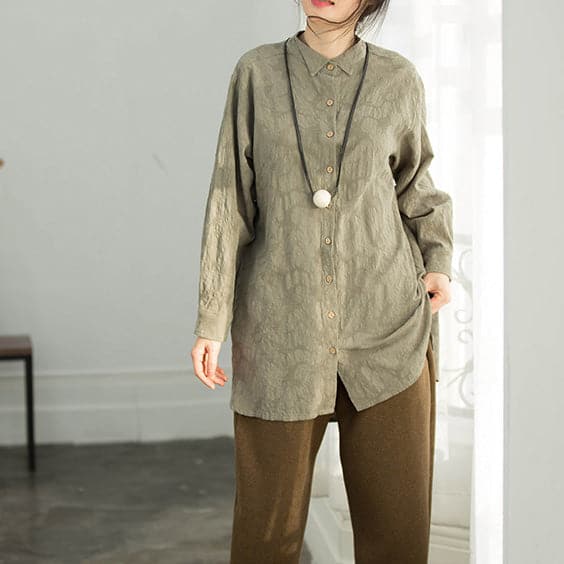 Classy army green cotton clothes Casual Work Outfits Jacquard silhouette blouse LTP190129