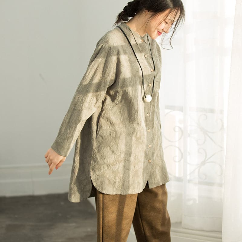 Classy army green cotton clothes Casual Work Outfits Jacquard silhouette blouse LTP190129