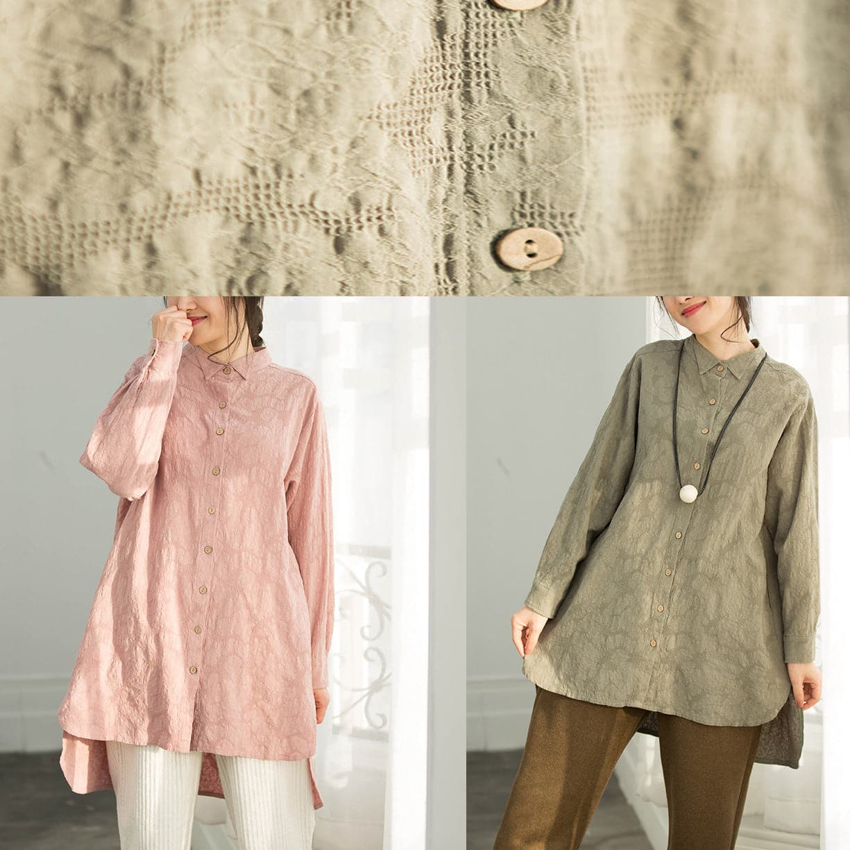 Classy army green cotton clothes Casual Work Outfits Jacquard silhouette blouse LTP190129