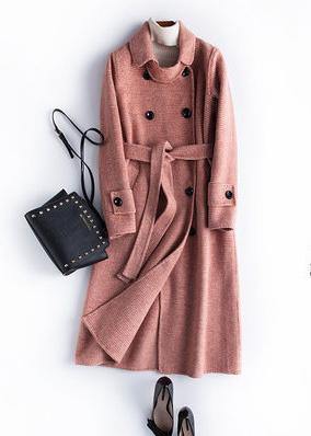 Classy black plaid fine Long Woolen CoatsPhotography Notched tie waist fall Woolen Coats TCT200915