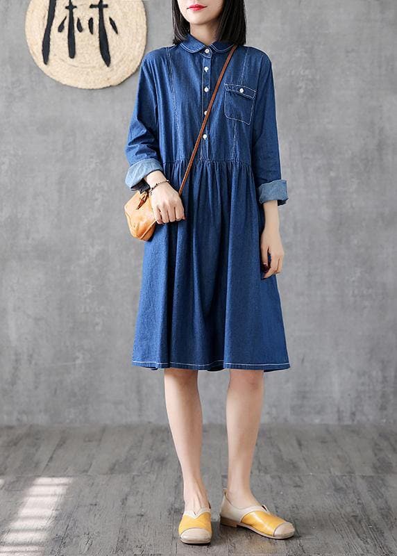 Classy lapel Cinched Cotton quilting clothes Photography denim blue Dress FDM200304