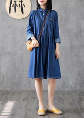 Classy lapel Cinched Cotton quilting clothes Photography denim blue Dress FDM200304