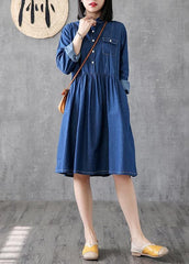 Classy lapel Cinched Cotton quilting clothes Photography denim blue Dress FDM200304