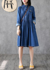 Classy lapel Cinched Cotton quilting clothes Photography denim blue Dress FDM200304