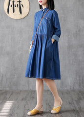 Classy lapel Cinched Cotton quilting clothes Photography denim blue Dress FDM200304