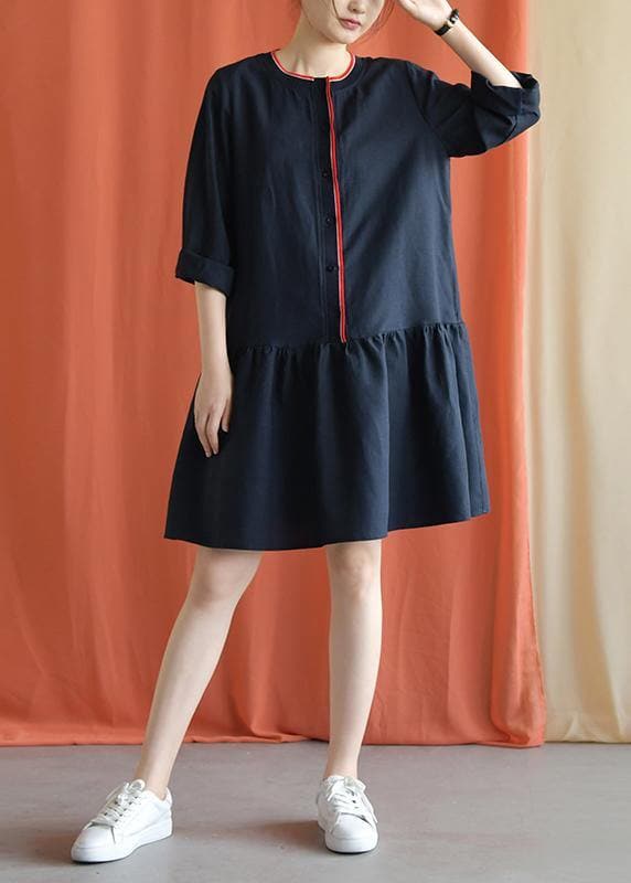 Classy navy linen clothes bracelet sleeved oversized fall Dresses FDM190827