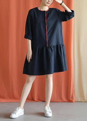 Classy navy linen clothes bracelet sleeved oversized fall Dresses FDM190827