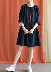 Classy navy linen clothes bracelet sleeved oversized fall Dresses FDM190827