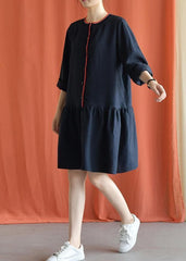 Classy navy linen clothes bracelet sleeved oversized fall Dresses FDM190827