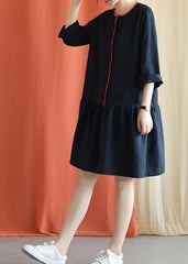 Classy navy linen clothes bracelet sleeved oversized fall Dresses FDM190827