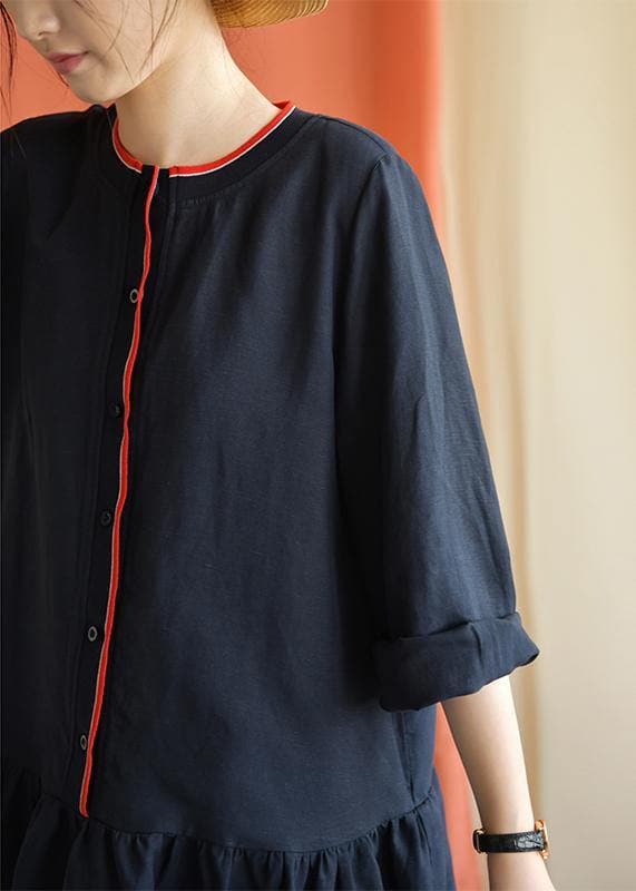 Classy navy linen clothes bracelet sleeved oversized fall Dresses FDM190827