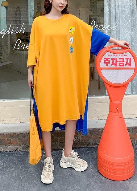 Classy yellow Smiley print clothes Women o neck patchwork Art Dress AT-SDL200707