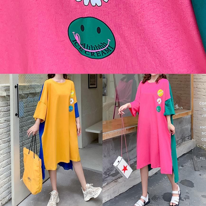 Classy yellow Smiley print clothes Women o neck patchwork Art Dress AT-SDL200707
