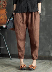 Coffee Patchwork Linen Crop Pants Elastic Waist Solid Color Summer GK-CPTS220804