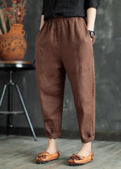 Coffee Patchwork Linen Crop Pants Elastic Waist Solid Color Summer GK-CPTS220804