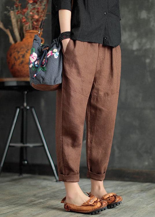 Coffee Patchwork Linen Crop Pants Elastic Waist Solid Color Summer GK-CPTS220804