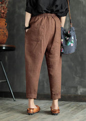 Coffee Patchwork Linen Crop Pants Elastic Waist Solid Color Summer GK-CPTS220804