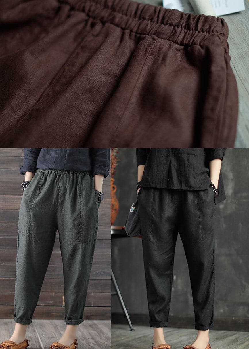 Coffee Patchwork Linen Crop Pants Elastic Waist Solid Color Summer GK-CPTS220804