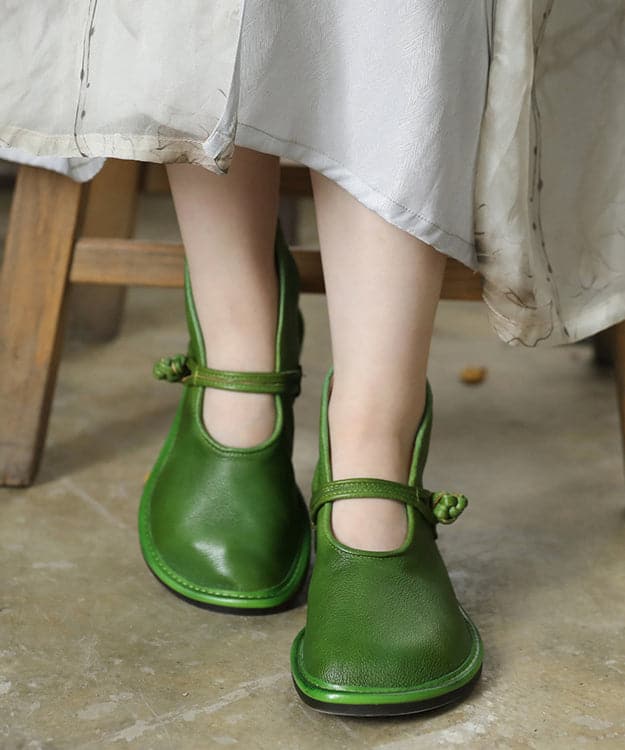 Comfortable Solid Green Flat Feet Shoes Cowhide Leather Upper Buckle Strap Flat Shoes SHOE-PDX220328