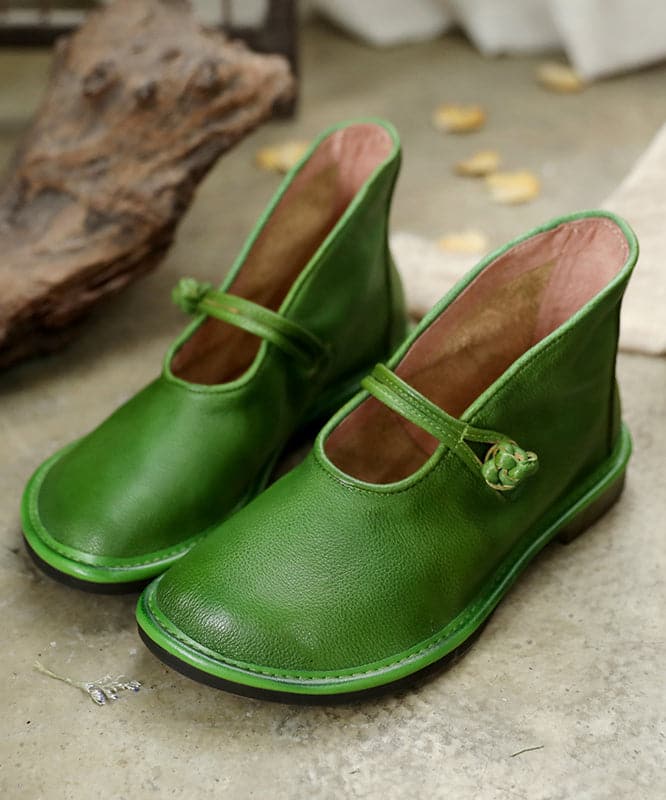 Comfortable Solid Green Flat Feet Shoes Cowhide Leather Upper Buckle Strap Flat Shoes SHOE-PDX220328