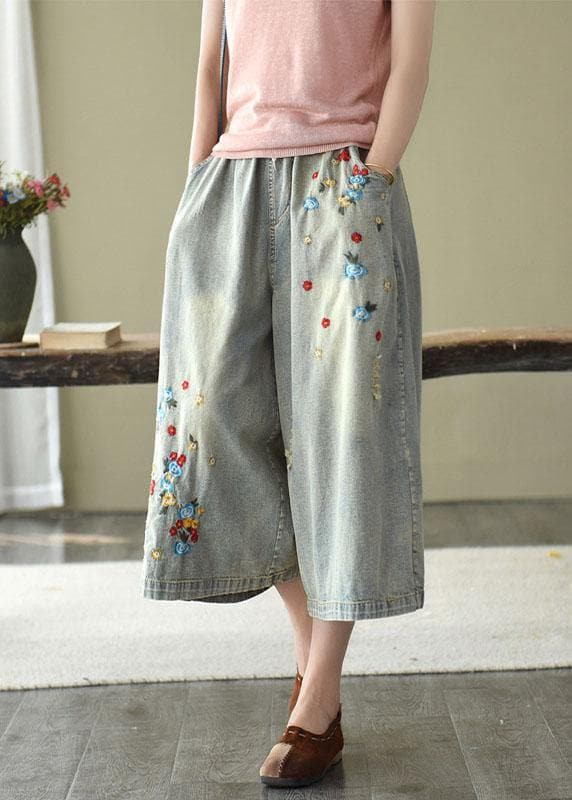Comfy Grey Embroideried Wide Leg denim Pants For Women GK-LPTS210715