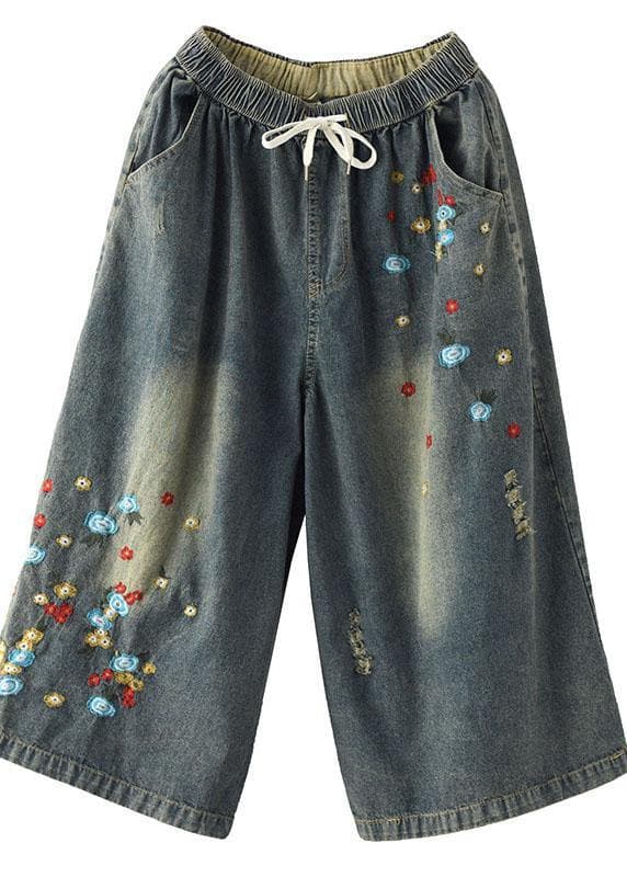 Comfy Grey Embroideried Wide Leg denim Pants For Women GK-LPTS210715