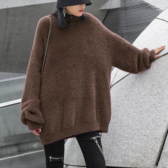 Comfy chocolate knit sweat tops trendy plus size o neck baggy clothes AT-NTP201217
