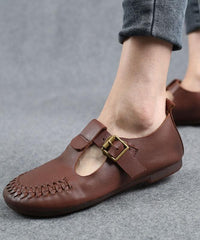 Cowhide Beige Leather Flat Shoes For Women Buckle Strap Hollow Out Flat Shoes XZ-PDX210622