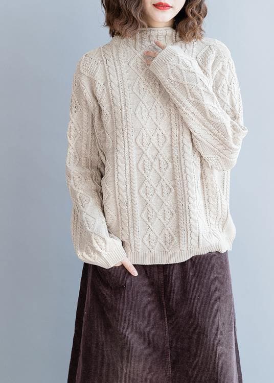 Cozy beige Blouse high neck Button Downfall fashion knit tops NTP201026