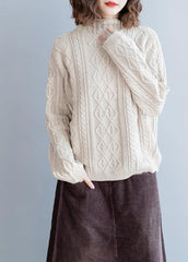 Cozy beige Blouse high neck Button Downfall fashion knit tops NTP201026