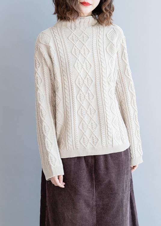 Cozy beige Blouse high neck Button Downfall fashion knit tops NTP201026
