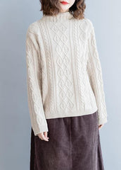 Cozy beige Blouse high neck Button Downfall fashion knit tops NTP201026