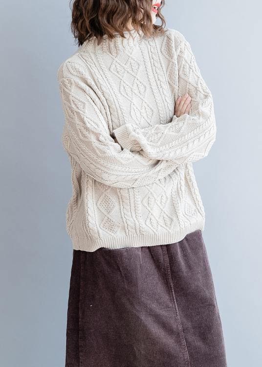 Cozy beige Blouse high neck Button Downfall fashion knit tops NTP201026