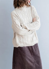 Cozy beige Blouse high neck Button Downfall fashion knit tops NTP201026