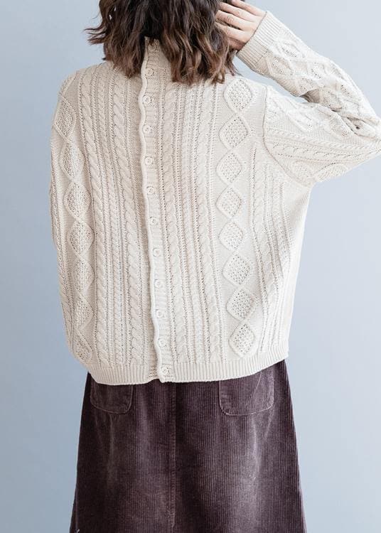 Cozy beige Blouse high neck Button Downfall fashion knit tops NTP201026