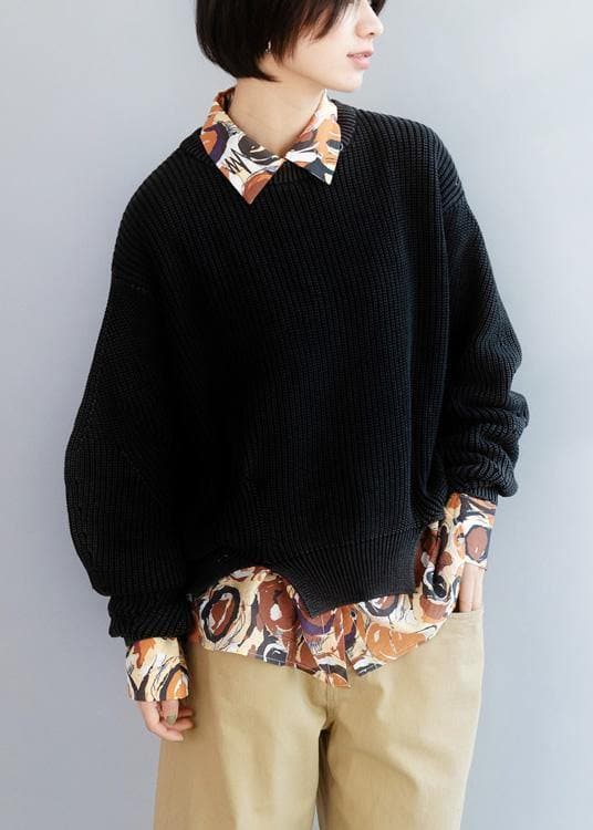 Cozy black knitted t shirt open hem oversized winter knit sweat tops NTP191125