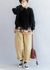 Cozy black knitted t shirt open hem oversized winter knit sweat tops NTP191125