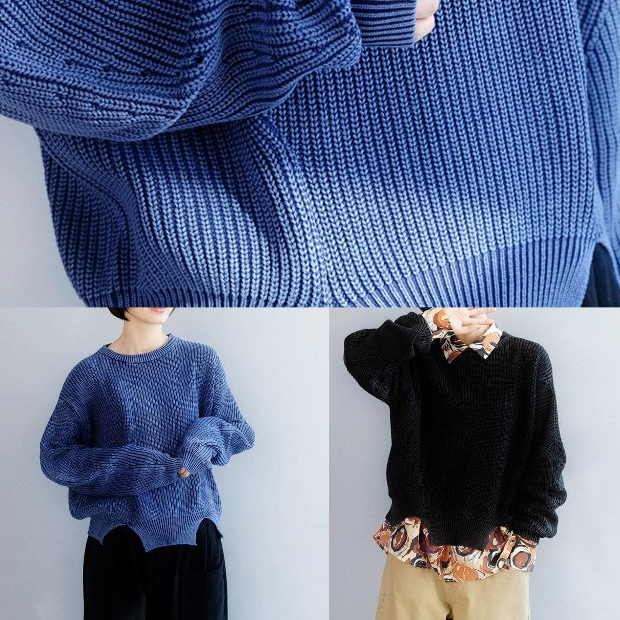 Cozy black knitted t shirt open hem oversized winter knit sweat tops NTP191125