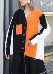 Cozy black patchwork knitted t shirt trendy plus size v neck Button knitwear AT-NTP191023