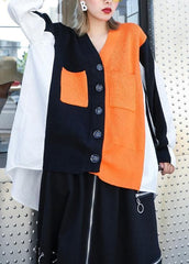 Cozy black patchwork knitted t shirt trendy plus size v neck Button knitwear AT-NTP191023