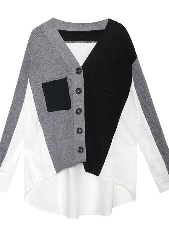Cozy black patchwork knitted t shirt trendy plus size v neck Button knitwear AT-NTP191023