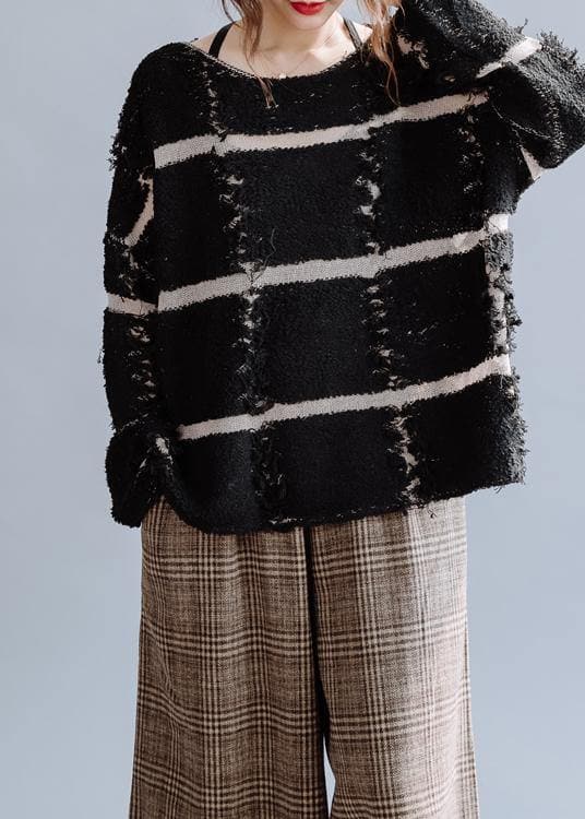 Cozy black striped knit top silhouette o neck trendy plus size fall sweaters NTP201026