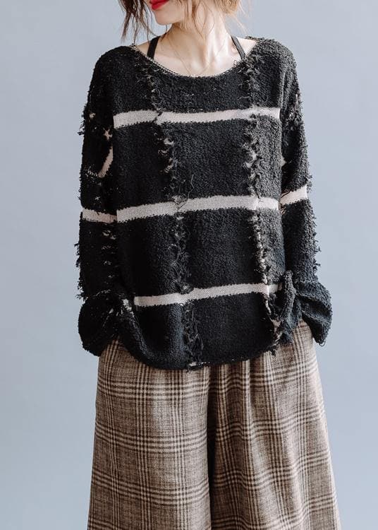 Cozy black striped knit top silhouette o neck trendy plus size fall sweaters NTP201026