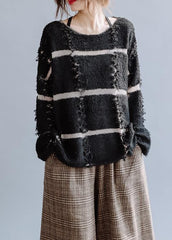 Cozy black striped knit top silhouette o neck trendy plus size fall sweaters NTP201026
