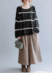 Cozy black striped knit top silhouette o neck trendy plus size fall sweaters NTP201026