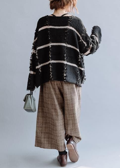 Cozy black striped knit top silhouette o neck trendy plus size fall sweaters NTP201026