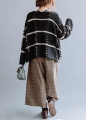 Cozy black striped knit top silhouette o neck trendy plus size fall sweaters NTP201026