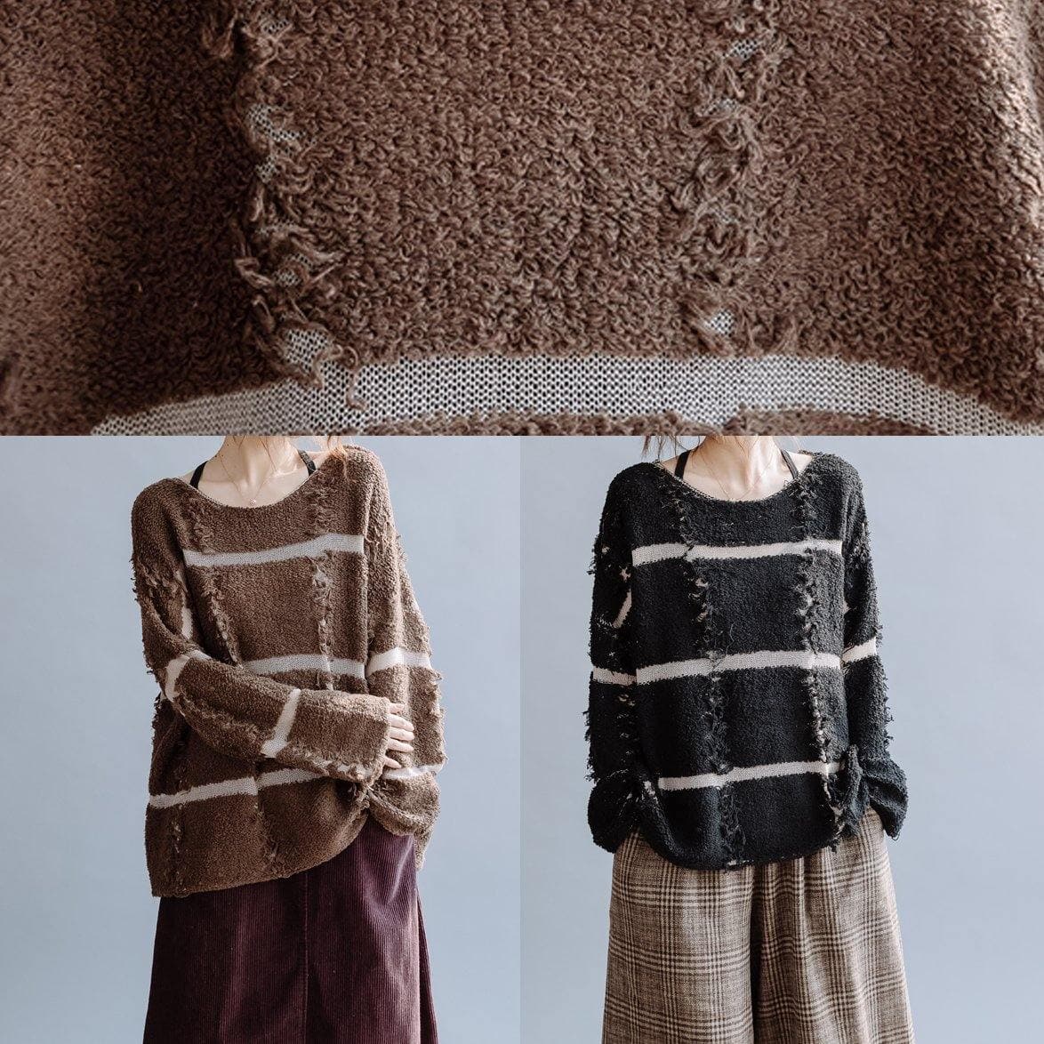 Cozy black striped knit top silhouette o neck trendy plus size fall sweaters NTP201026
